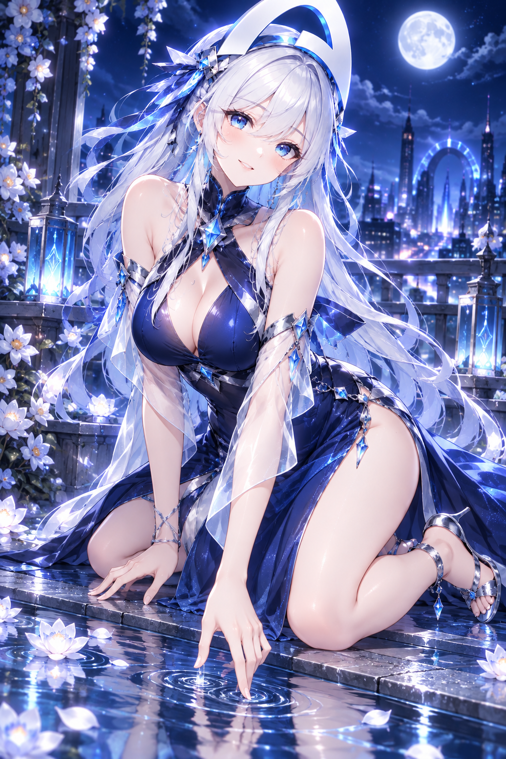 Arc Chan beside a moonlit reflecting pool