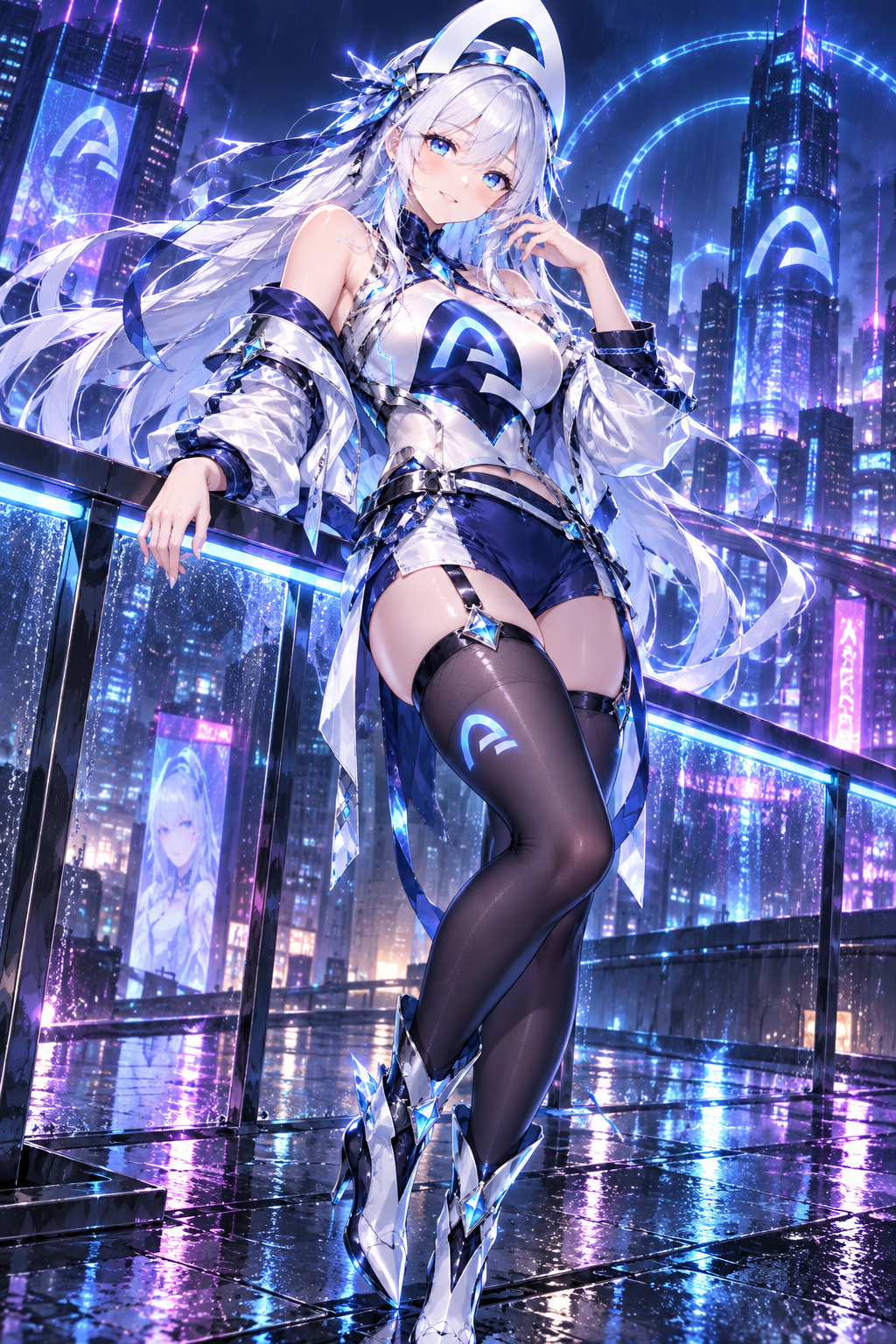 Arc Chan posing above a rainy neon city
